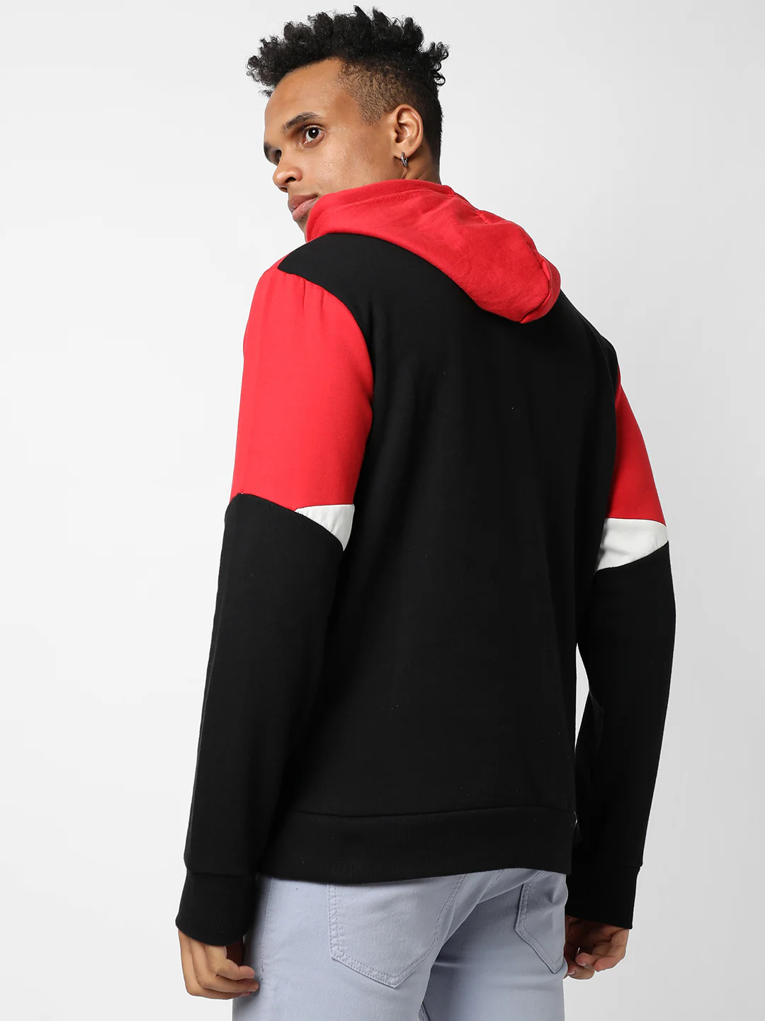 Red & Jet Black Colour-Blocked Sweatshirt With Hoodie Regular Relaxed Fit - Image 4