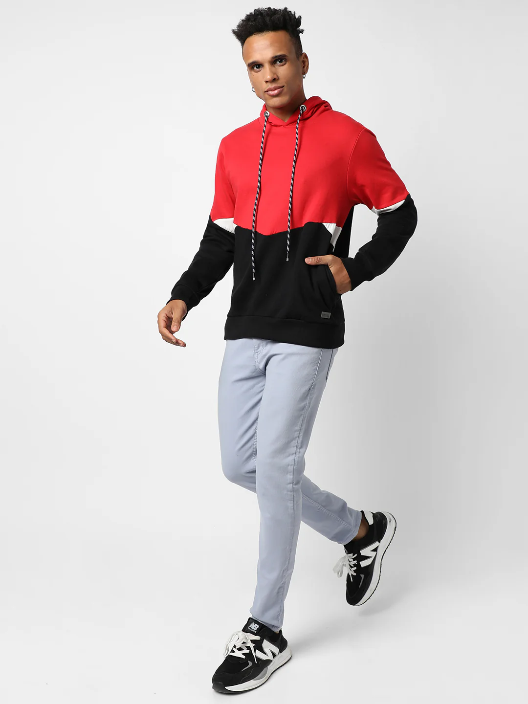 Red & Jet Black Colour-Blocked Sweatshirt With Hoodie Regular Relaxed Fit - Image 5