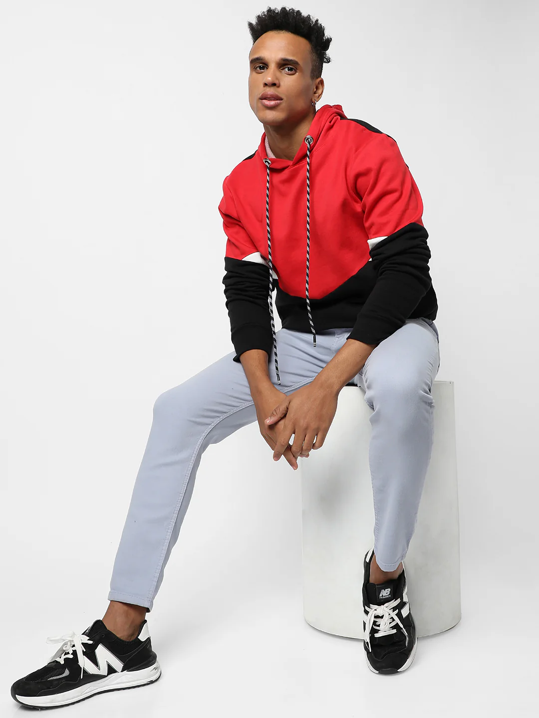 Red & Jet Black Colour-Blocked Sweatshirt With Hoodie Regular Relaxed Fit - Image 6