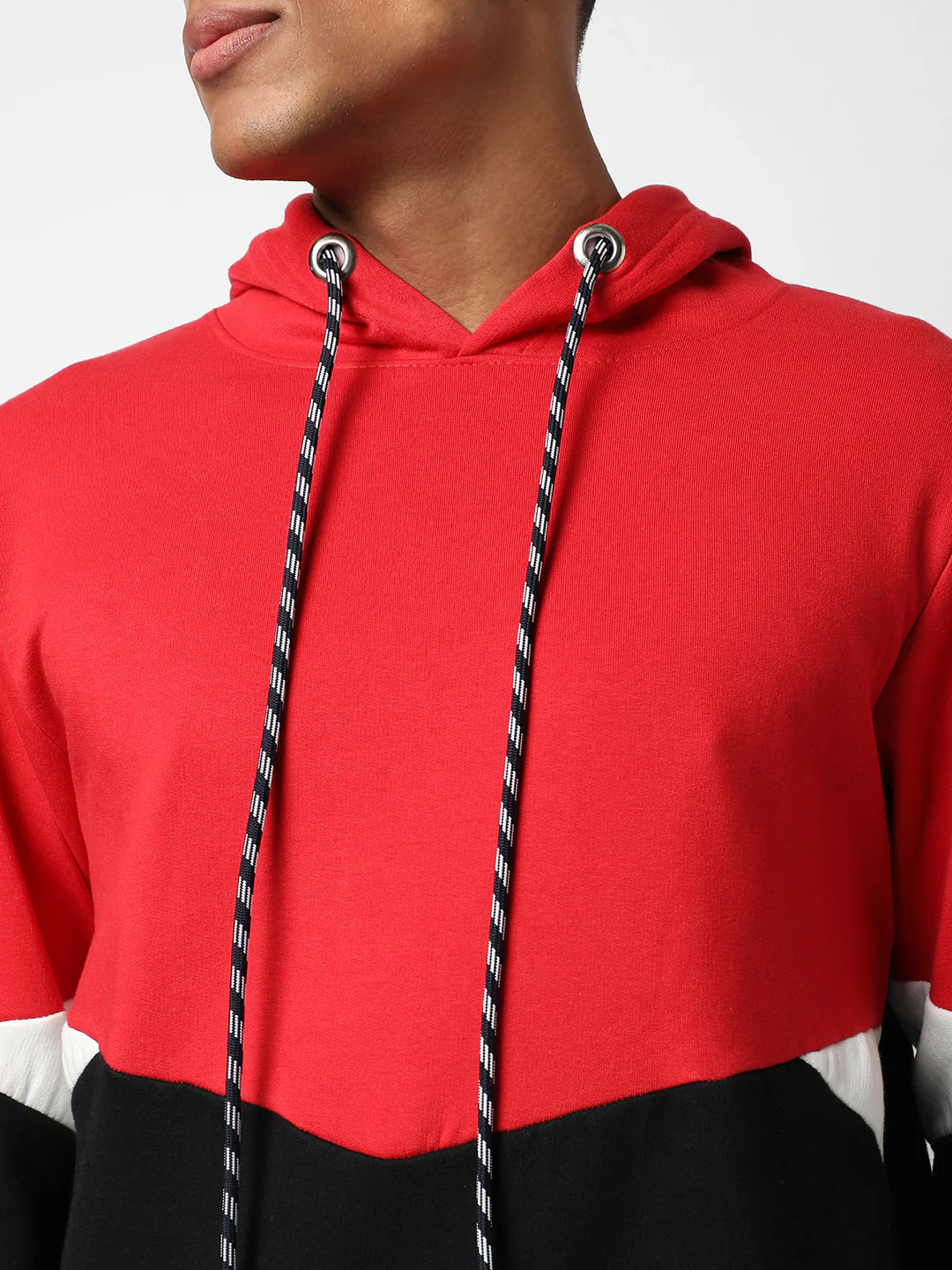 Red & Jet Black Colour-Blocked Sweatshirt With Hoodie Regular Relaxed Fit - Image 7