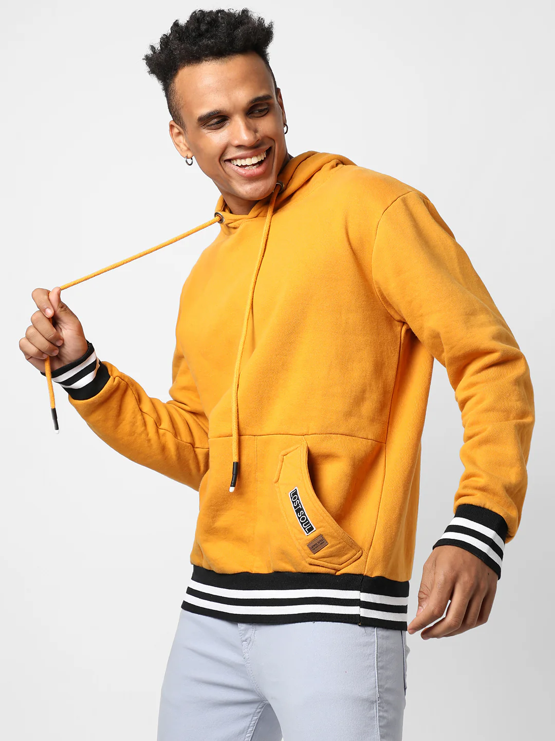 Cotton Mustard Yellow Full Sleeve Sweatshirt With Hoodie Regular Relaxed Fit - Image 3