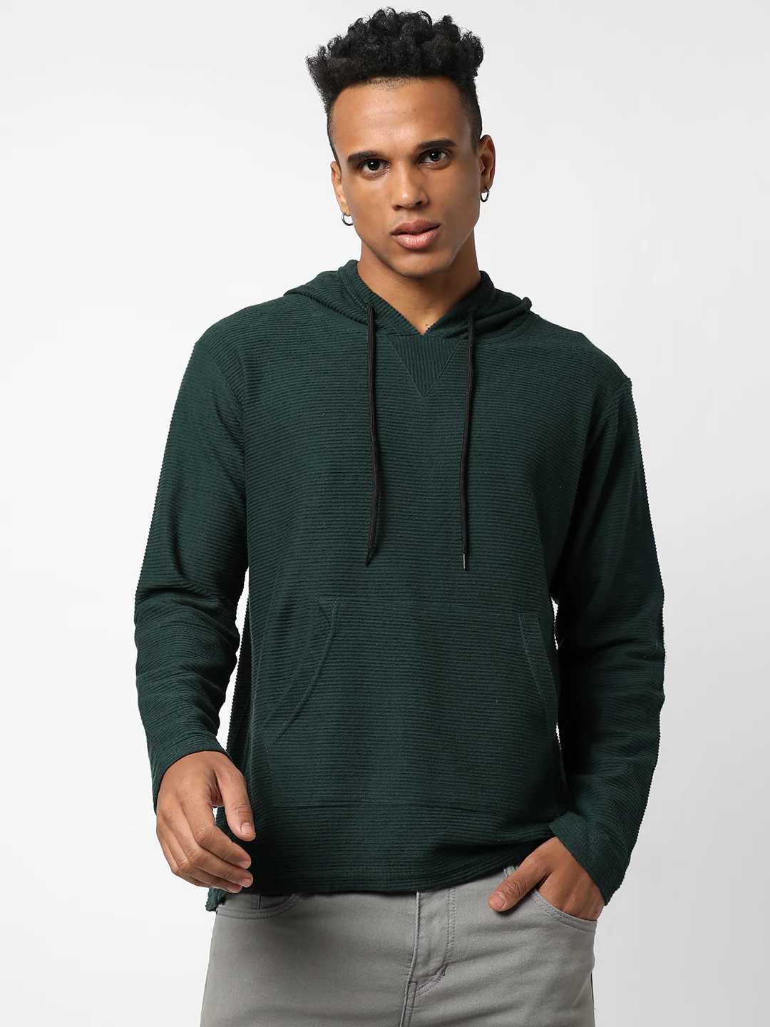 Ribbed Pullover Hoodie With Kangaroo Pocket - Image 2
