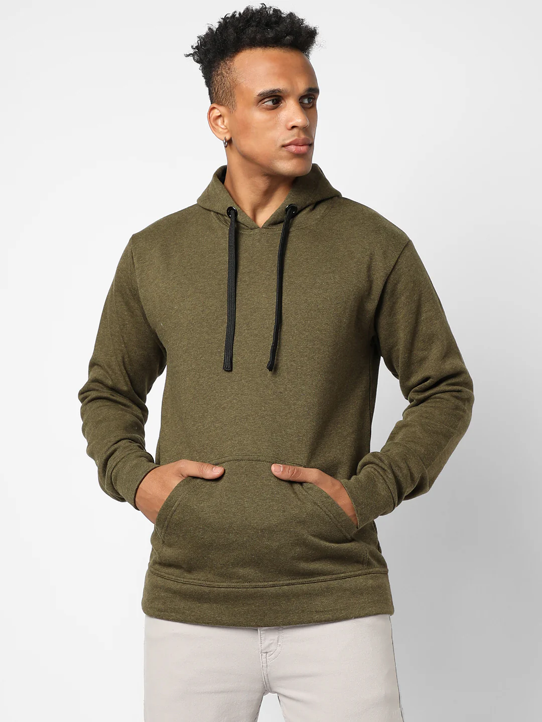 Cotton Solid Olive Green Full Sleeve Sweatshirt With Hoodie Regular Relaxed - Image 2