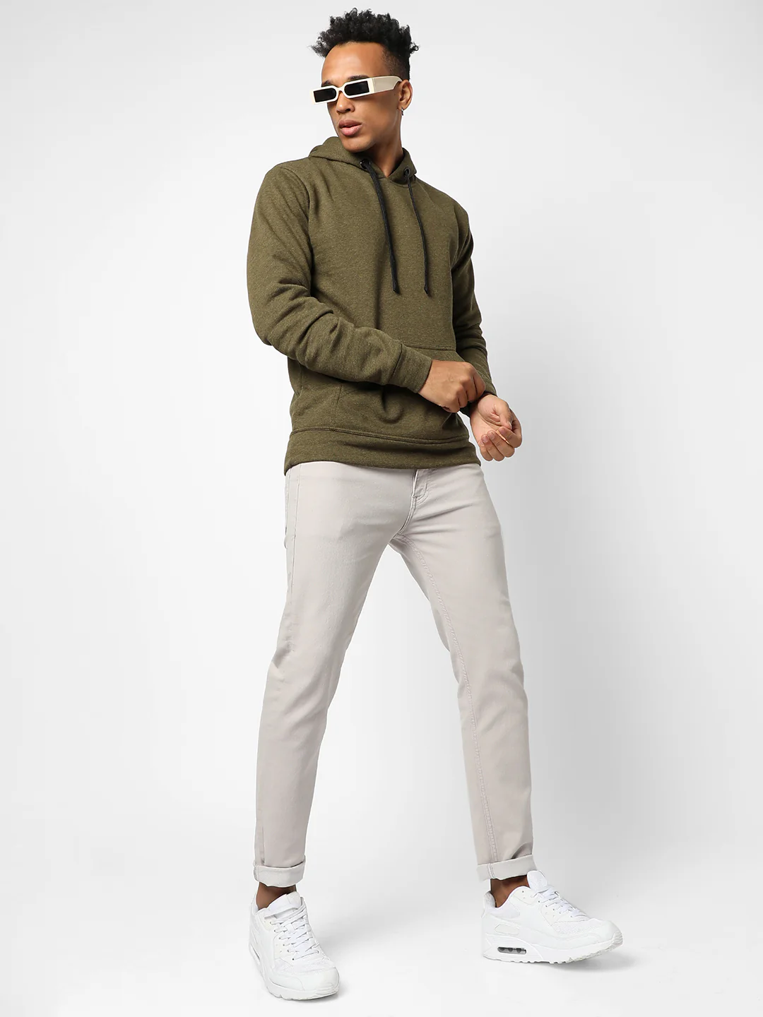 Cotton Solid Olive Green Full Sleeve Sweatshirt With Hoodie Regular Relaxed - Image 6