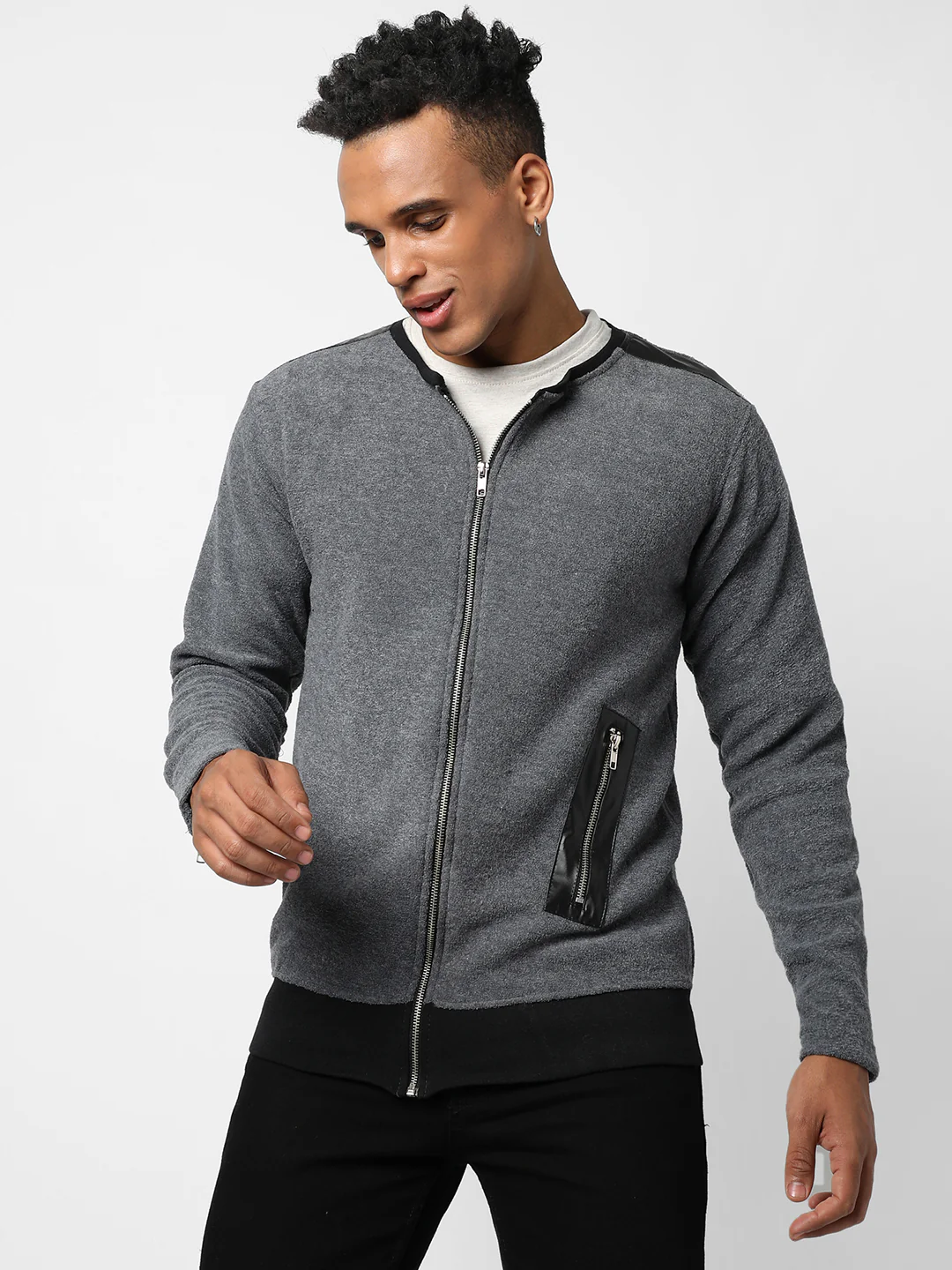 Cotton Solid Charcoal Grey Zip Through Jacket With Zip Pocket Regular Fir - Image 2