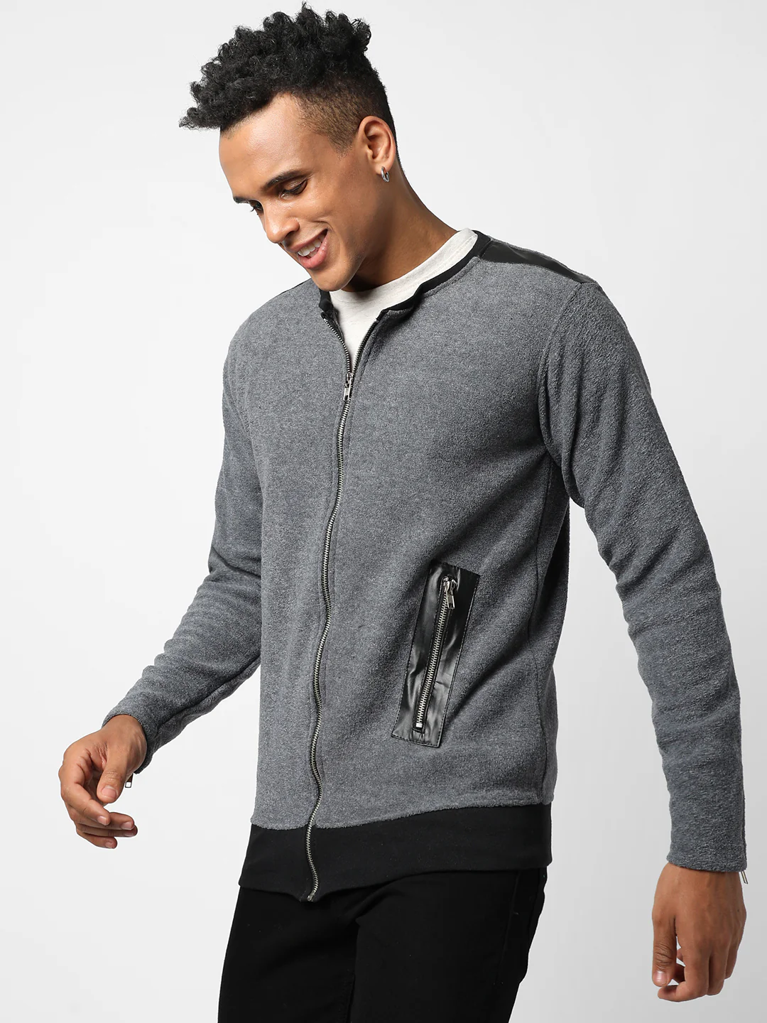 Cotton Solid Charcoal Grey Zip Through Jacket With Zip Pocket Regular Fir - Image 3