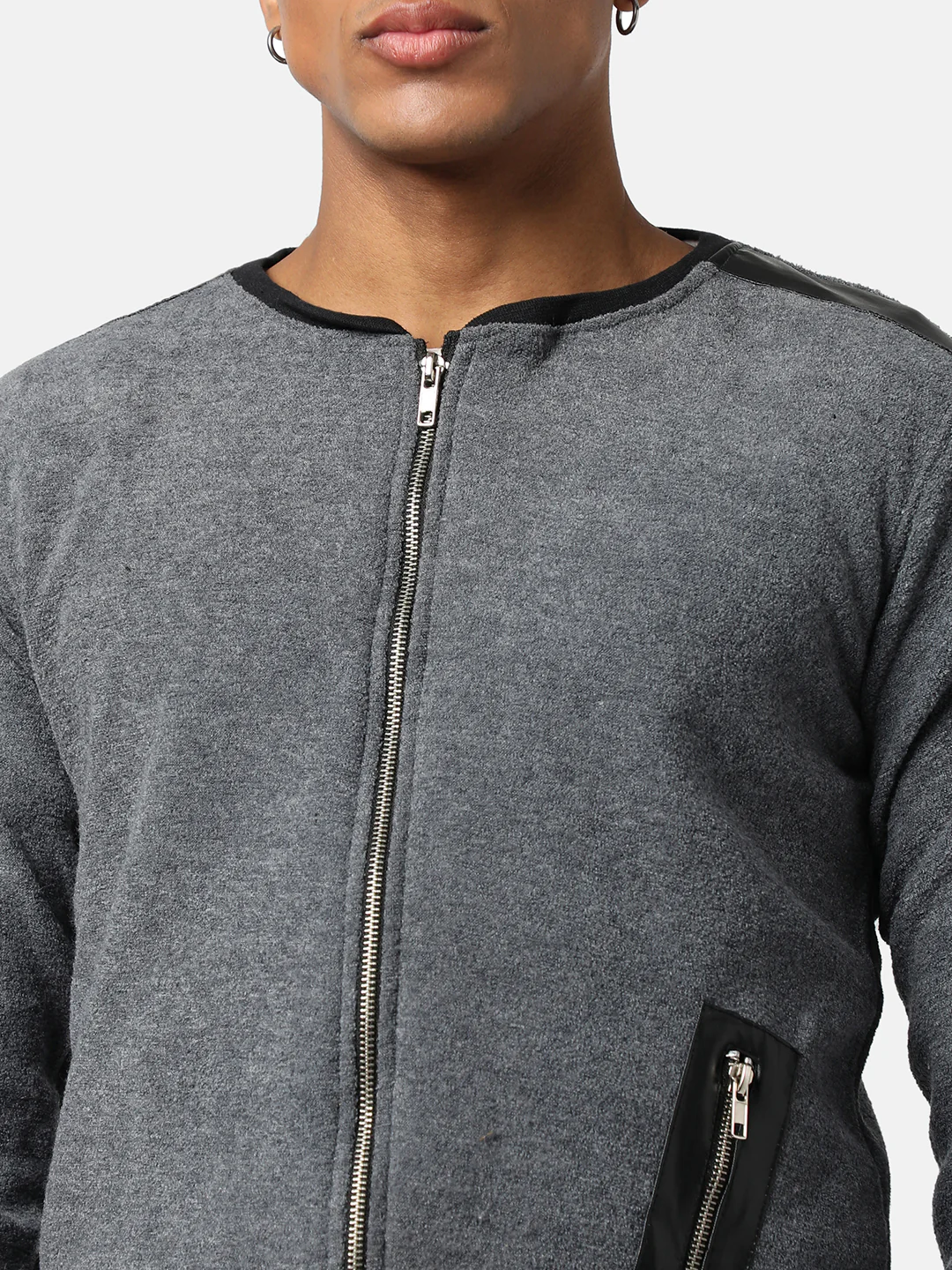 Cotton Solid Charcoal Grey Zip Through Jacket With Zip Pocket Regular Fir - Image 7