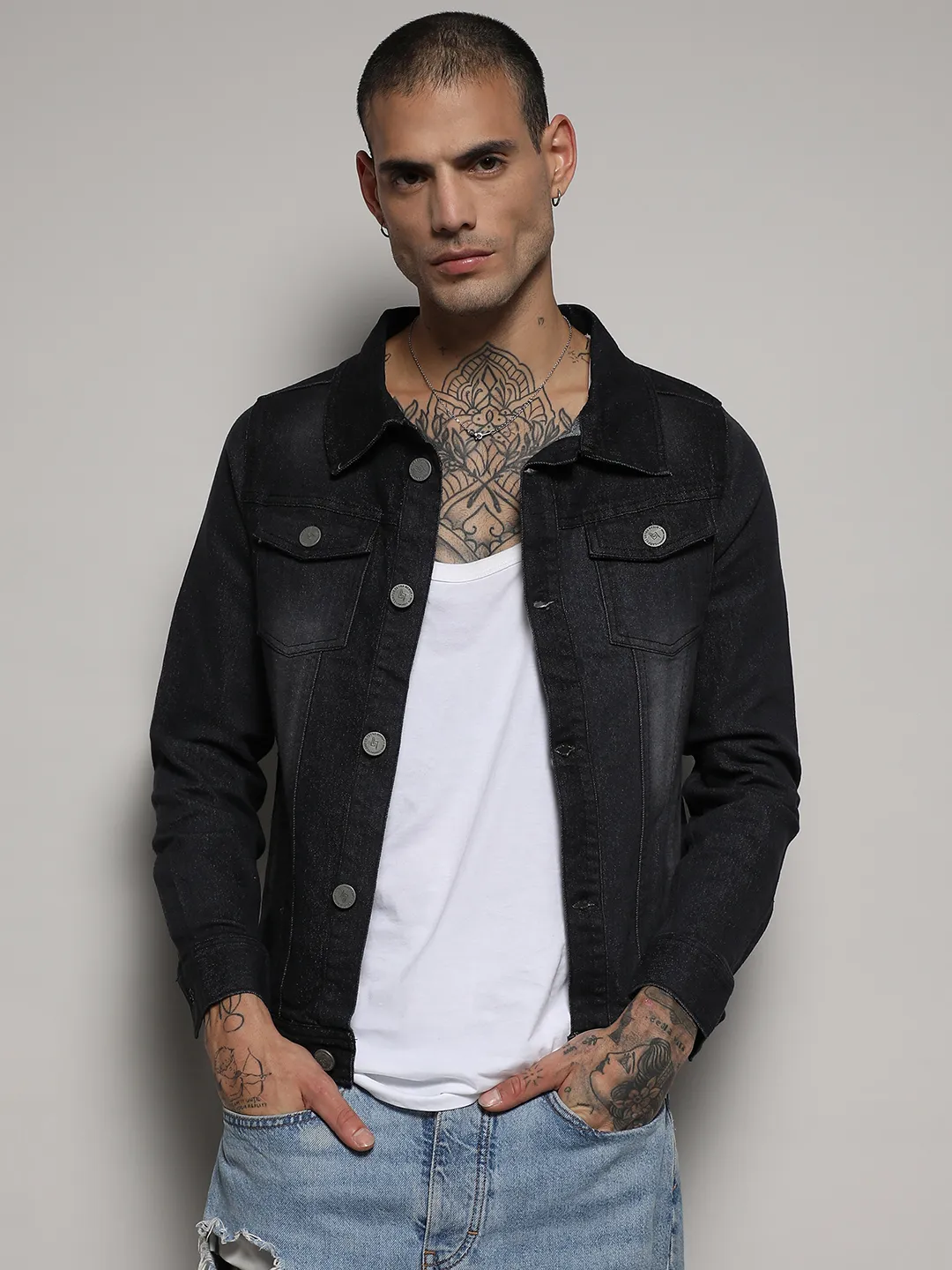Dark-Wash Denim Jacket With Flap Pocket - Image 2