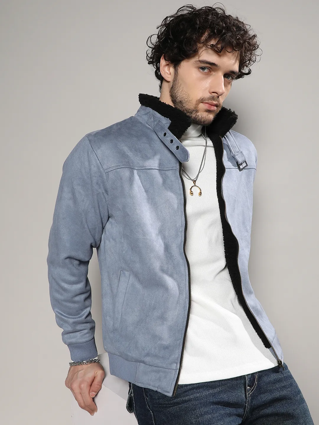 Fur-Lined Suede Bomber Jacket - Image 3