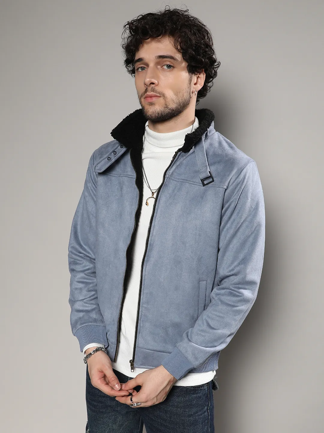 Fur-Lined Suede Bomber Jacket - Image 4
