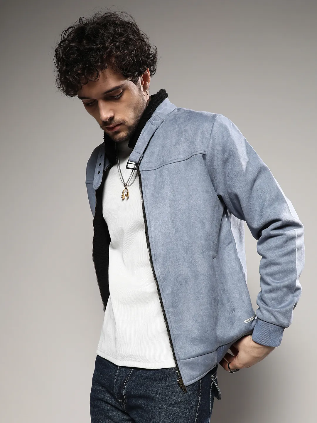 Fur-Lined Suede Bomber Jacket - Image 5