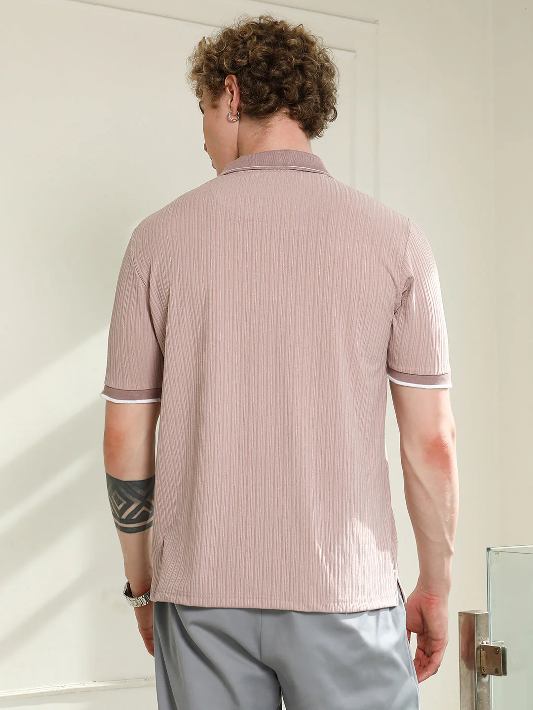 Light Pink Textured Polo T-shirt with Contrast Detailing - Image 4