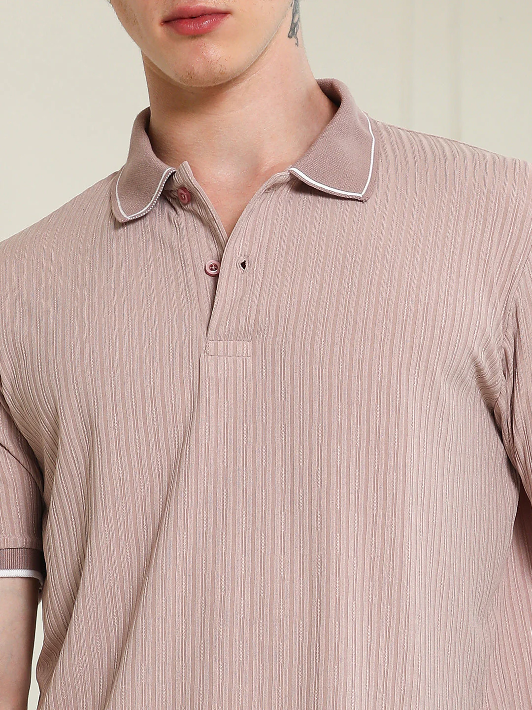 Light Pink Textured Polo T-shirt with Contrast Detailing - Image 7