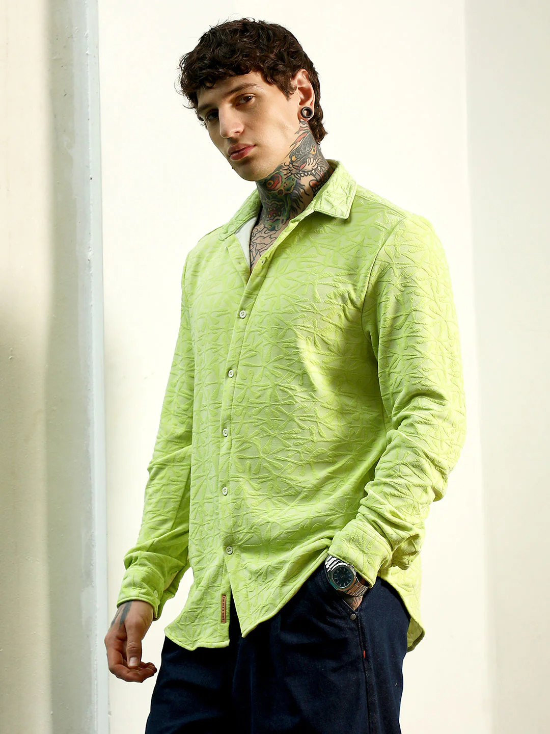 Lime Green Textured Full Sleeve Shirt For Men - Image 3