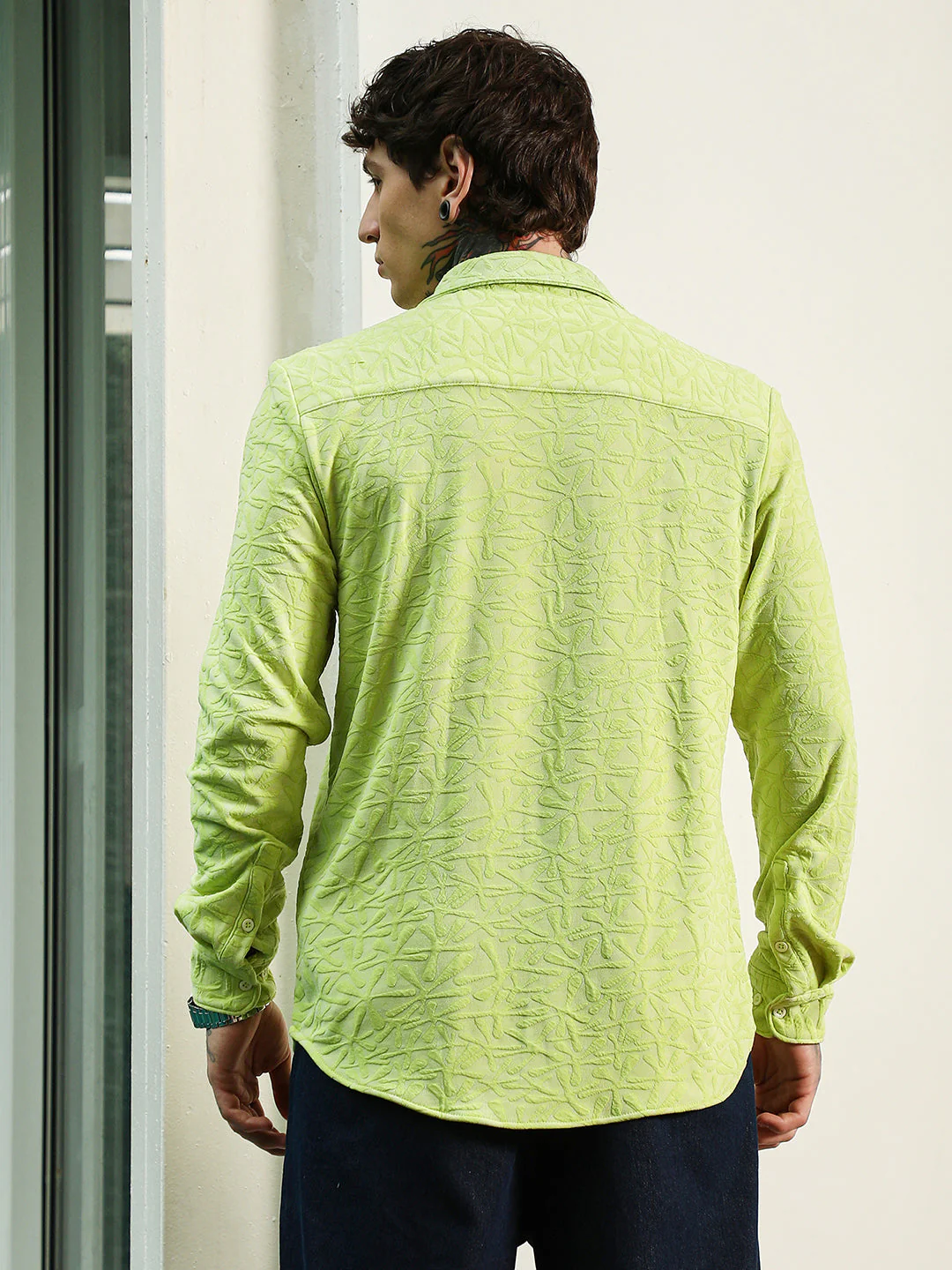 Lime Green Textured Full Sleeve Shirt For Men - Image 4