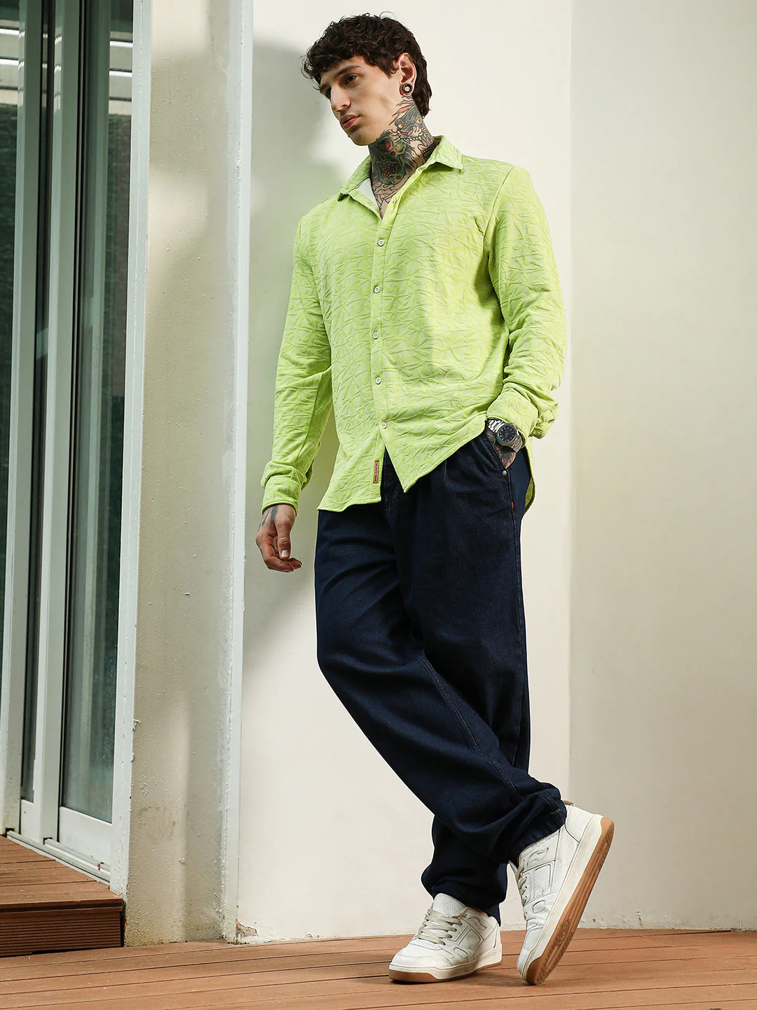 Lime Green Textured Full Sleeve Shirt For Men - Image 5