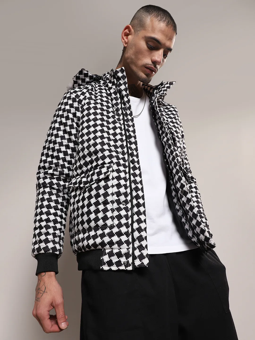 Checkboard Puffer Jacket With Fleece Hood - Image 3