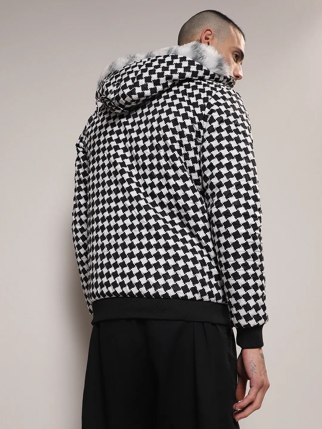 Checkboard Puffer Jacket With Fleece Hood - Image 4