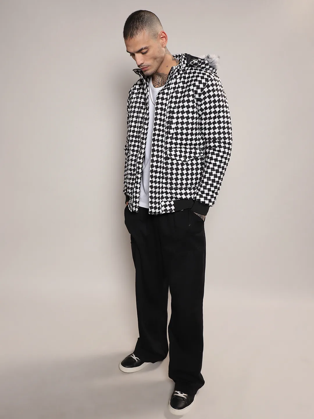 Checkboard Puffer Jacket With Fleece Hood - Image 5