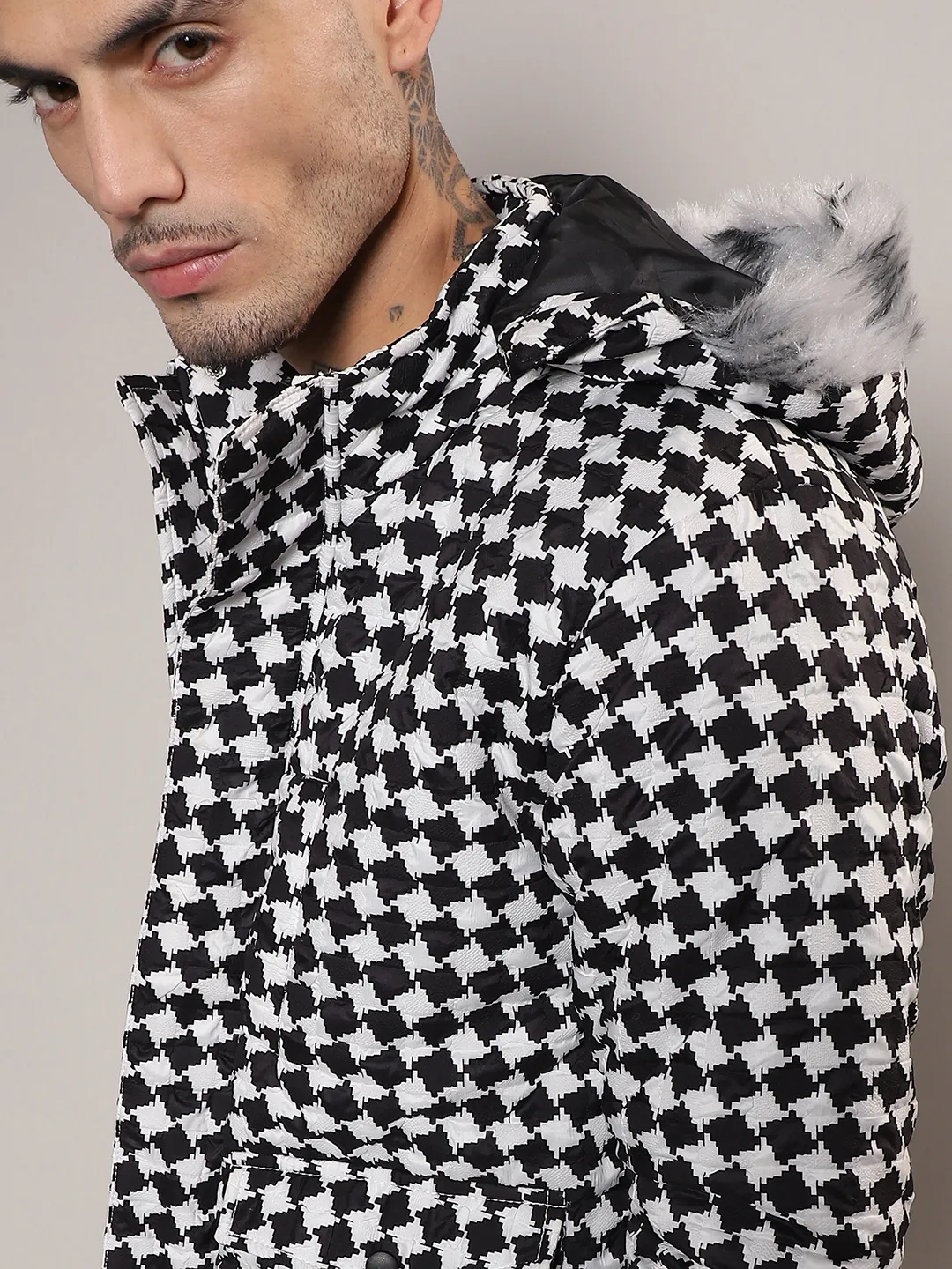 Checkboard Puffer Jacket With Fleece Hood - Image 7