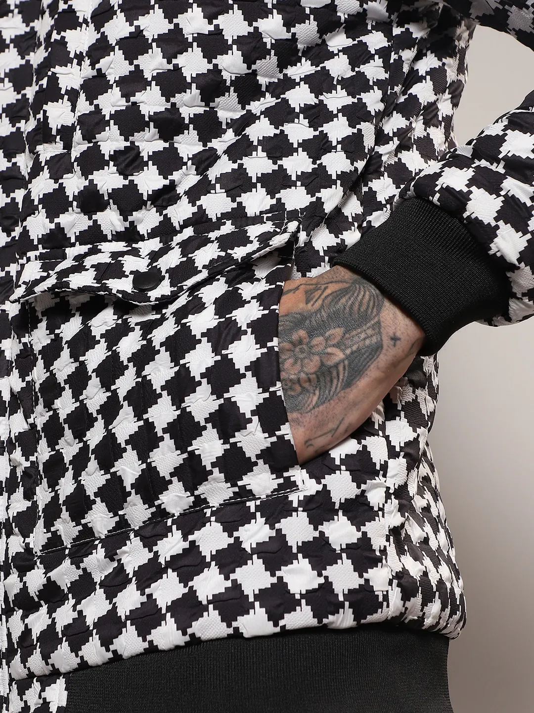 Checkboard Puffer Jacket With Fleece Hood - Image 8