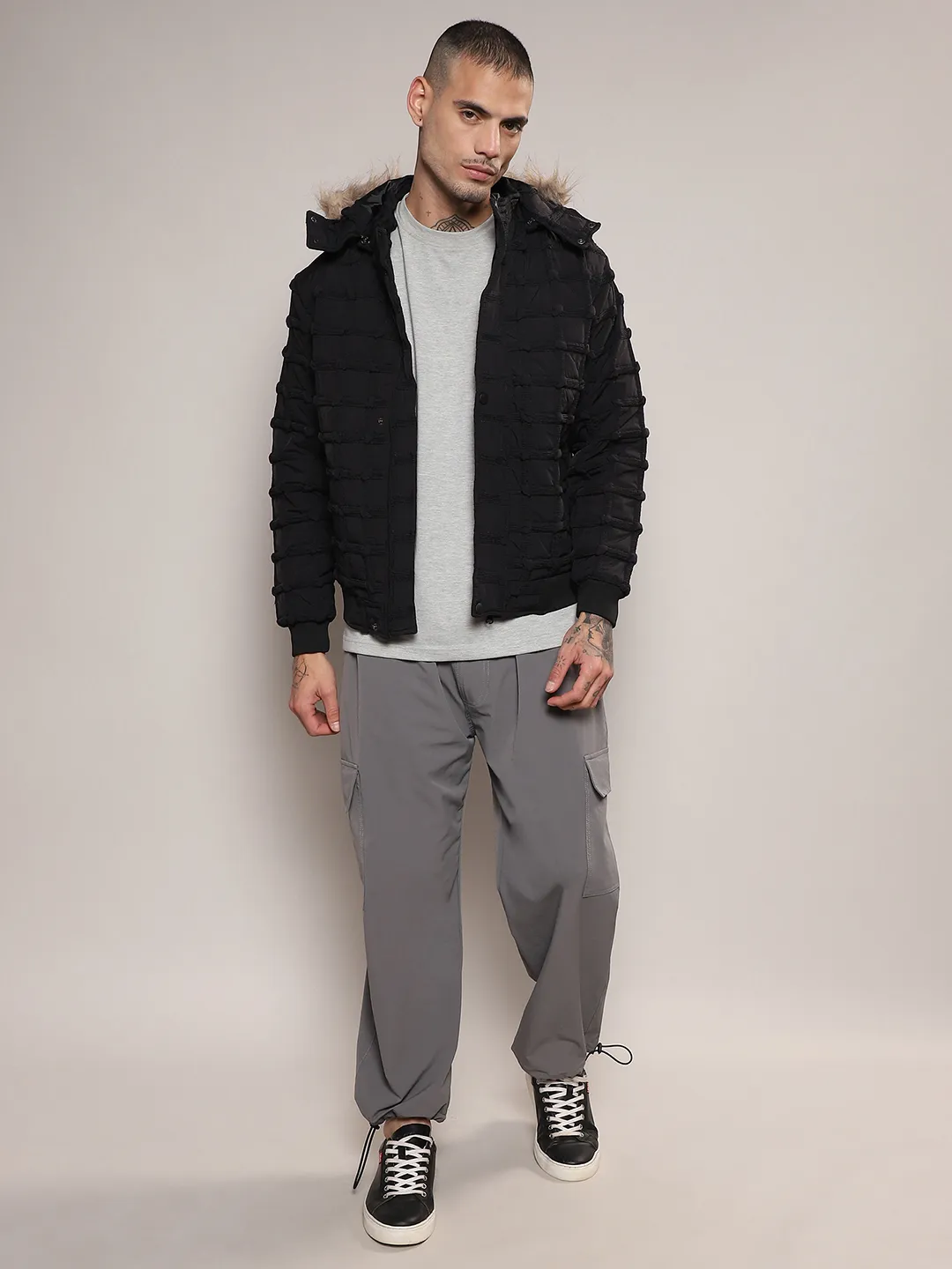 Self-Design Puffer Jacket With Fleece Hood - Image 5