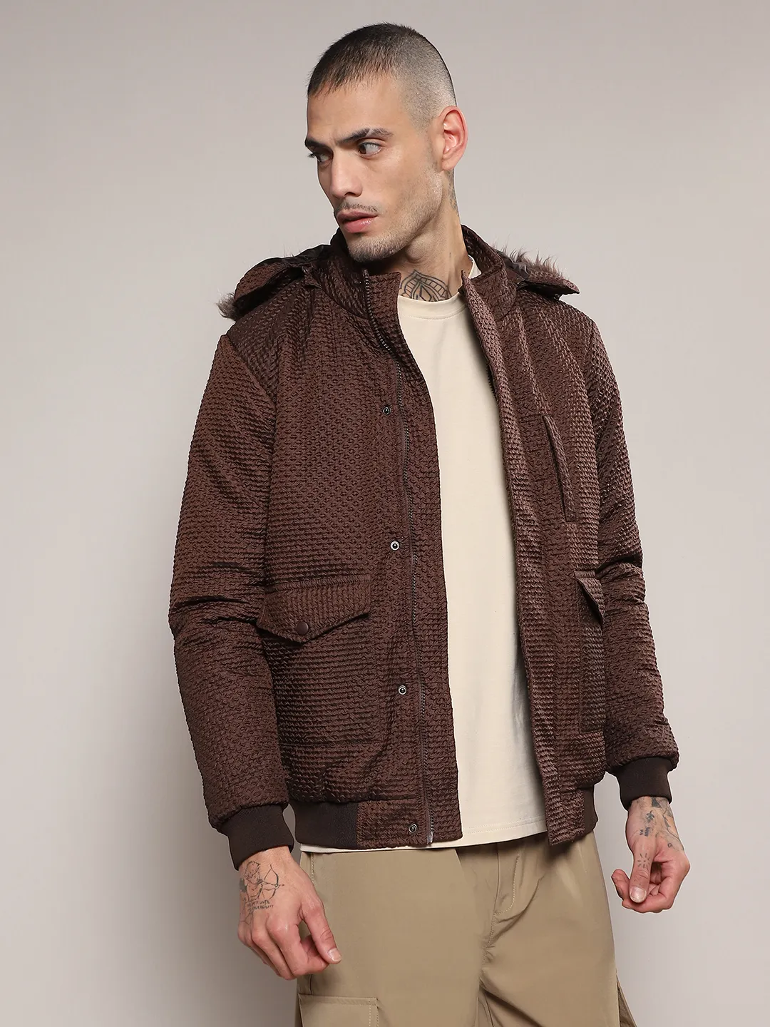 Self-Design Diamond Puffer Jacket With Fleece Hood - Image 3