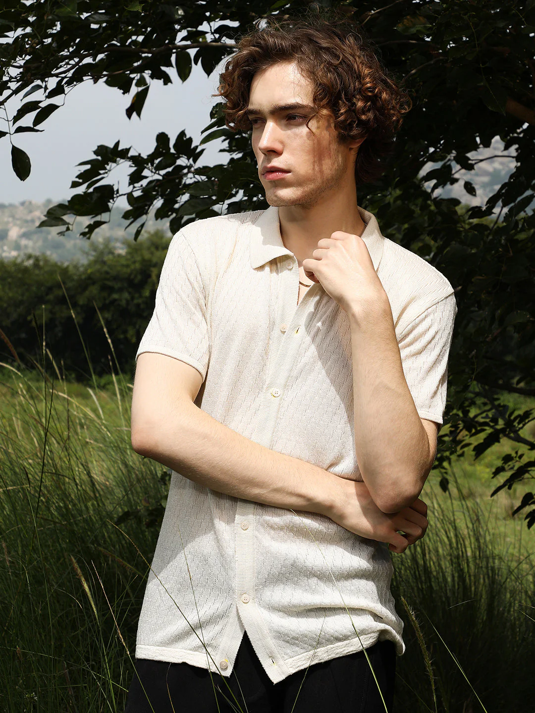 Rhombus-Textured Knit Shirt - Image 2