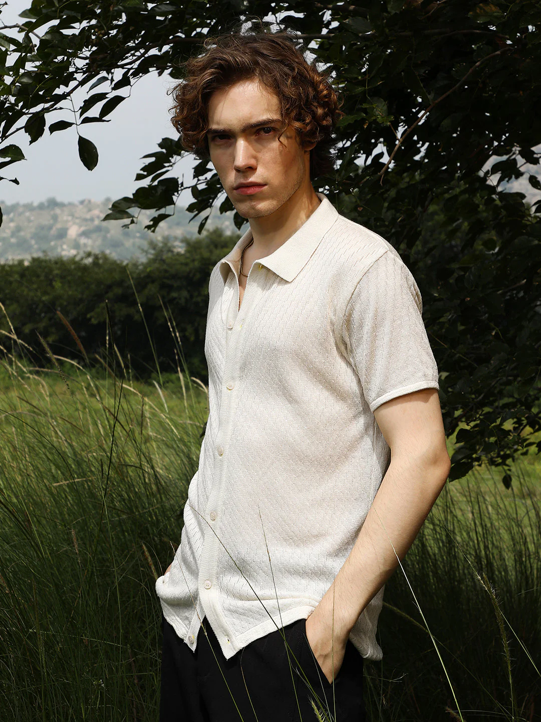Rhombus-Textured Knit Shirt - Image 3