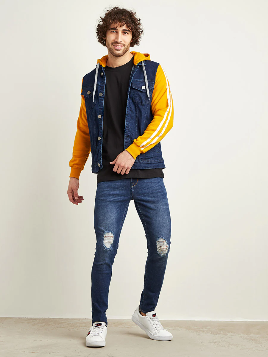 Medium-Wash Denim Jacket With Sweatshirt Sleeve - Image 2