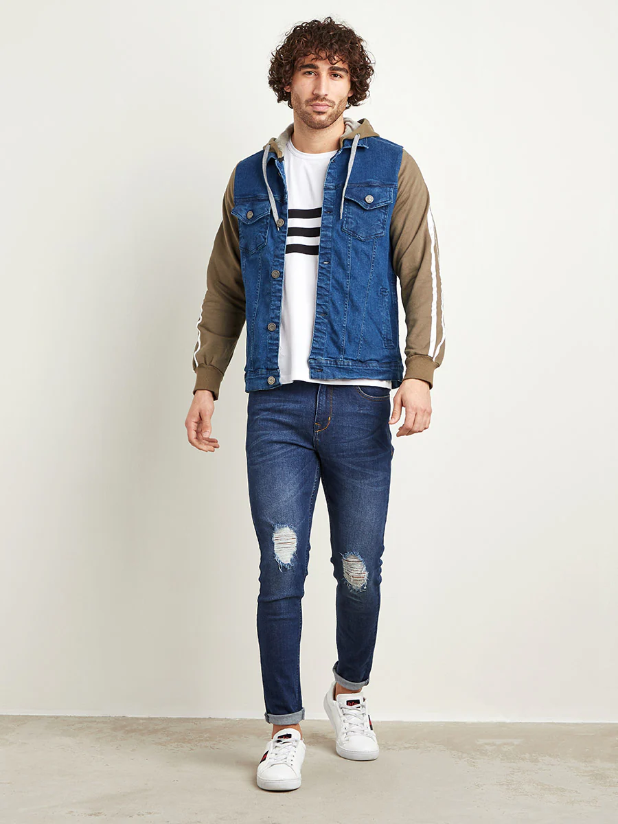Medium-Wash Denim Jacket With Sweatshirt Sleeve - Image 2