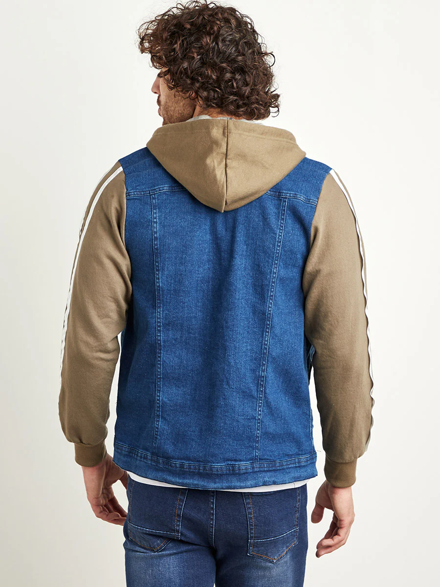 Medium-Wash Denim Jacket With Sweatshirt Sleeve - Image 3