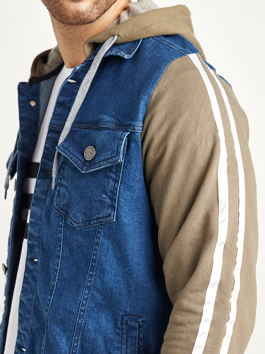 Medium-Wash Denim Jacket With Sweatshirt Sleeve - Image 4