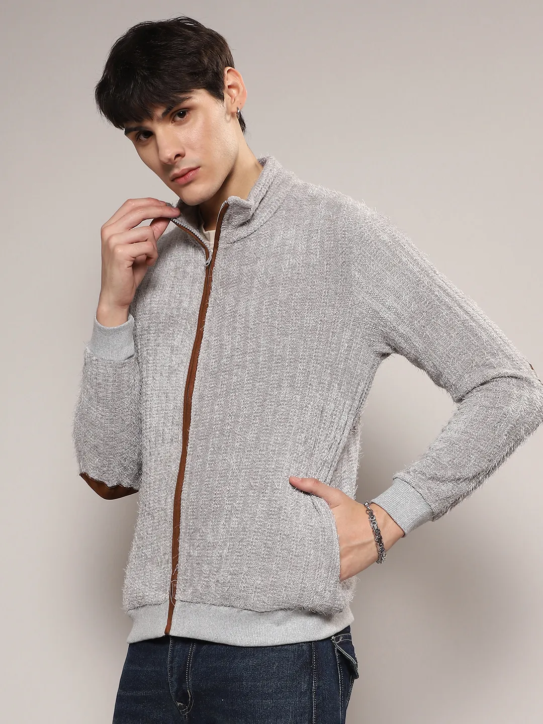 Self-Design Striped Knitted Jacket - Image 3