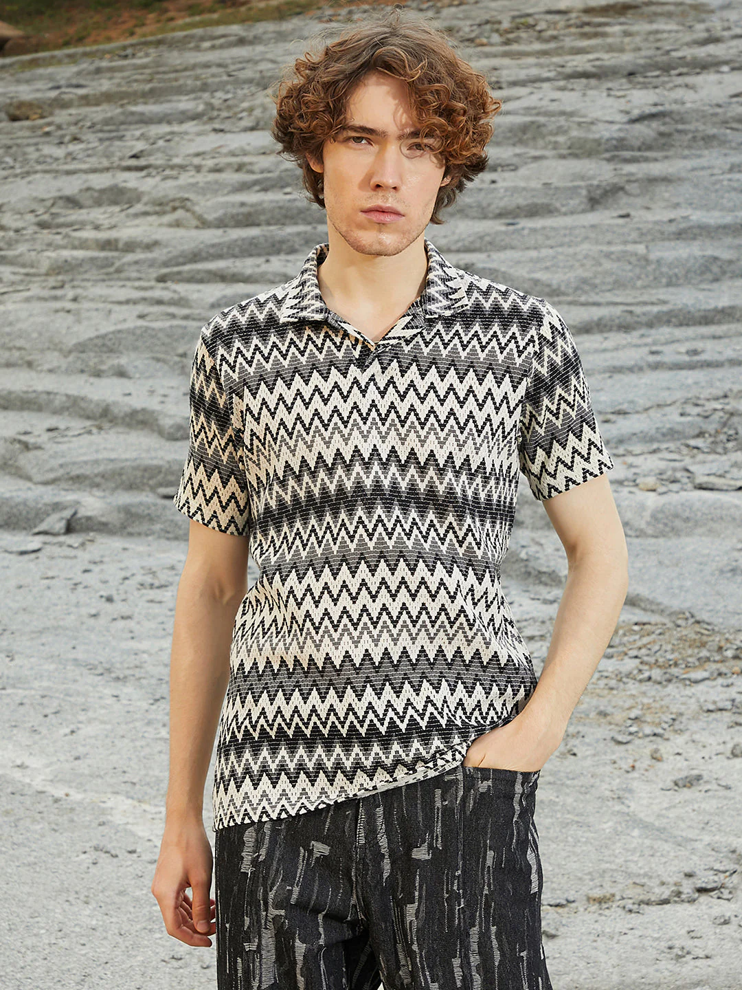 Zig-Zag Knit Polo T-Shirt - Image 2