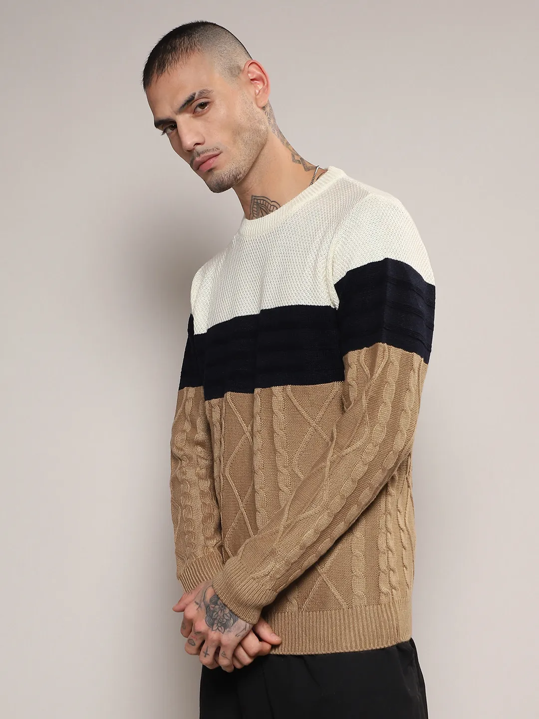 Contrast Panel Cable Knit Sweater - Image 3