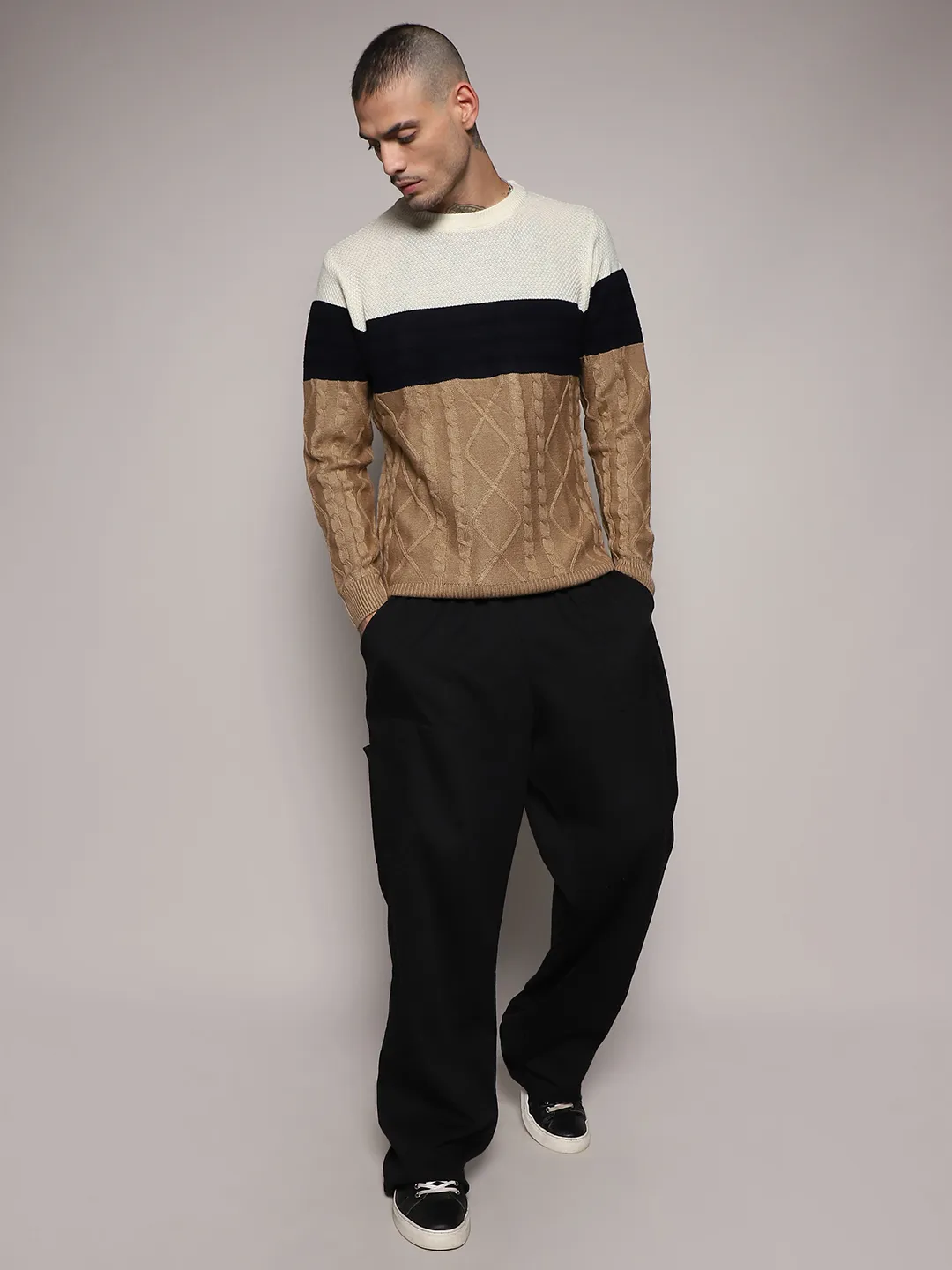 Contrast Panel Cable Knit Sweater - Image 5