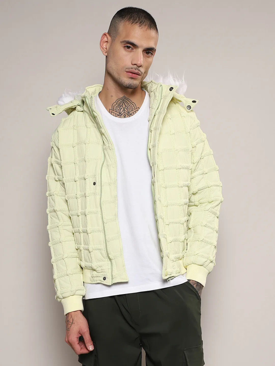 Self-Design Puffer Jacket With Fleece Hood - Image 2