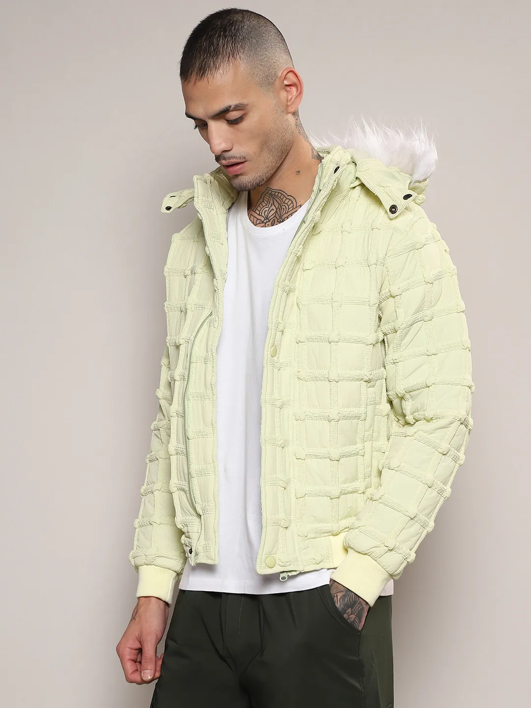 Self-Design Puffer Jacket With Fleece Hood - Image 3