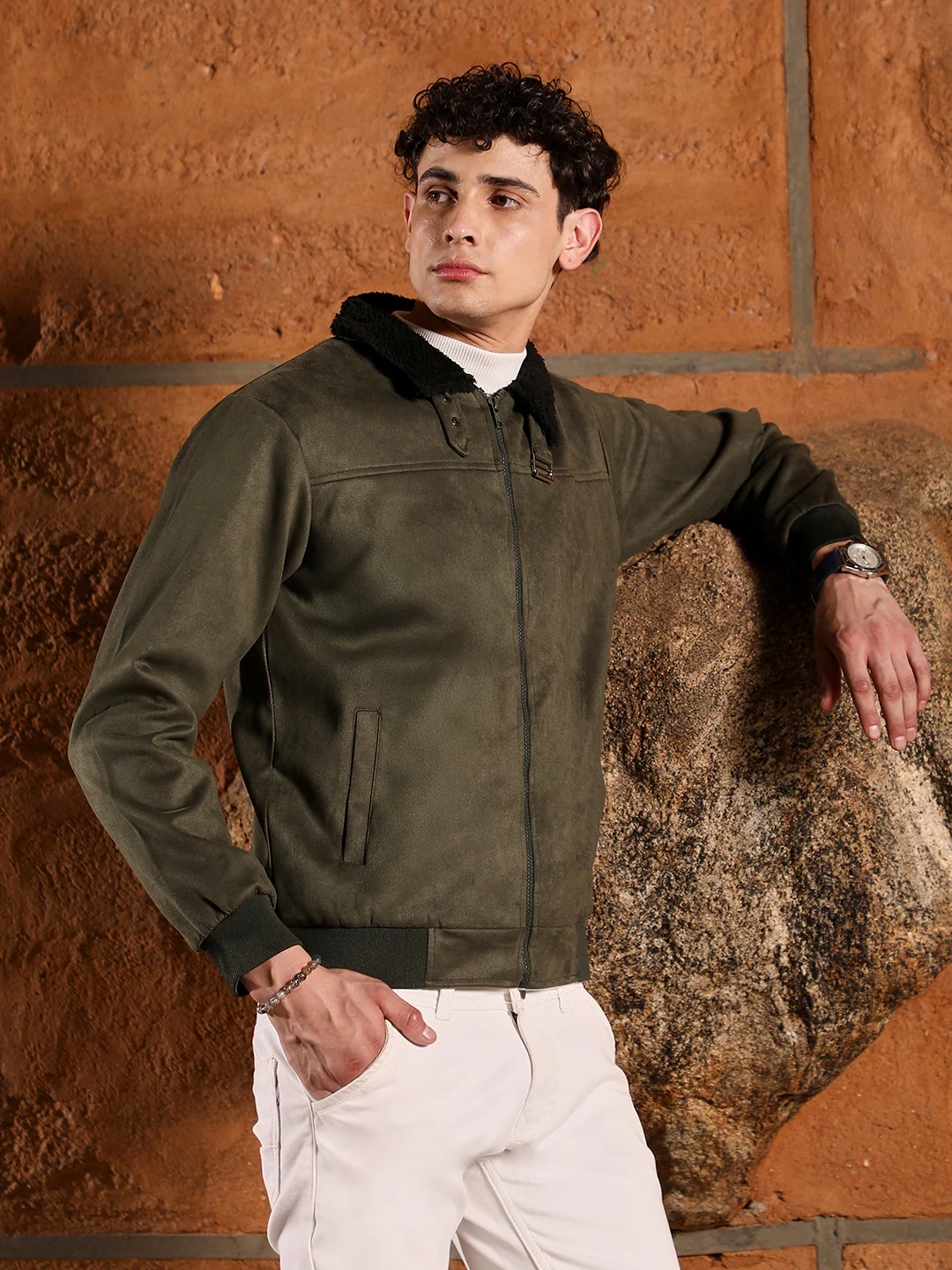 Fur-Lined Suede Bomber Jacket - Image 10