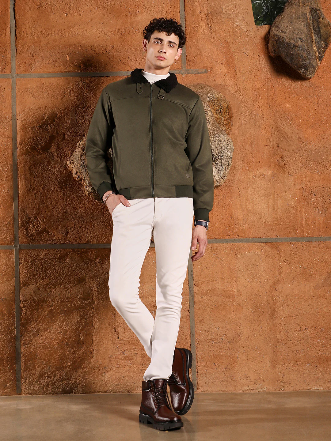 Fur-Lined Suede Bomber Jacket - Image 12