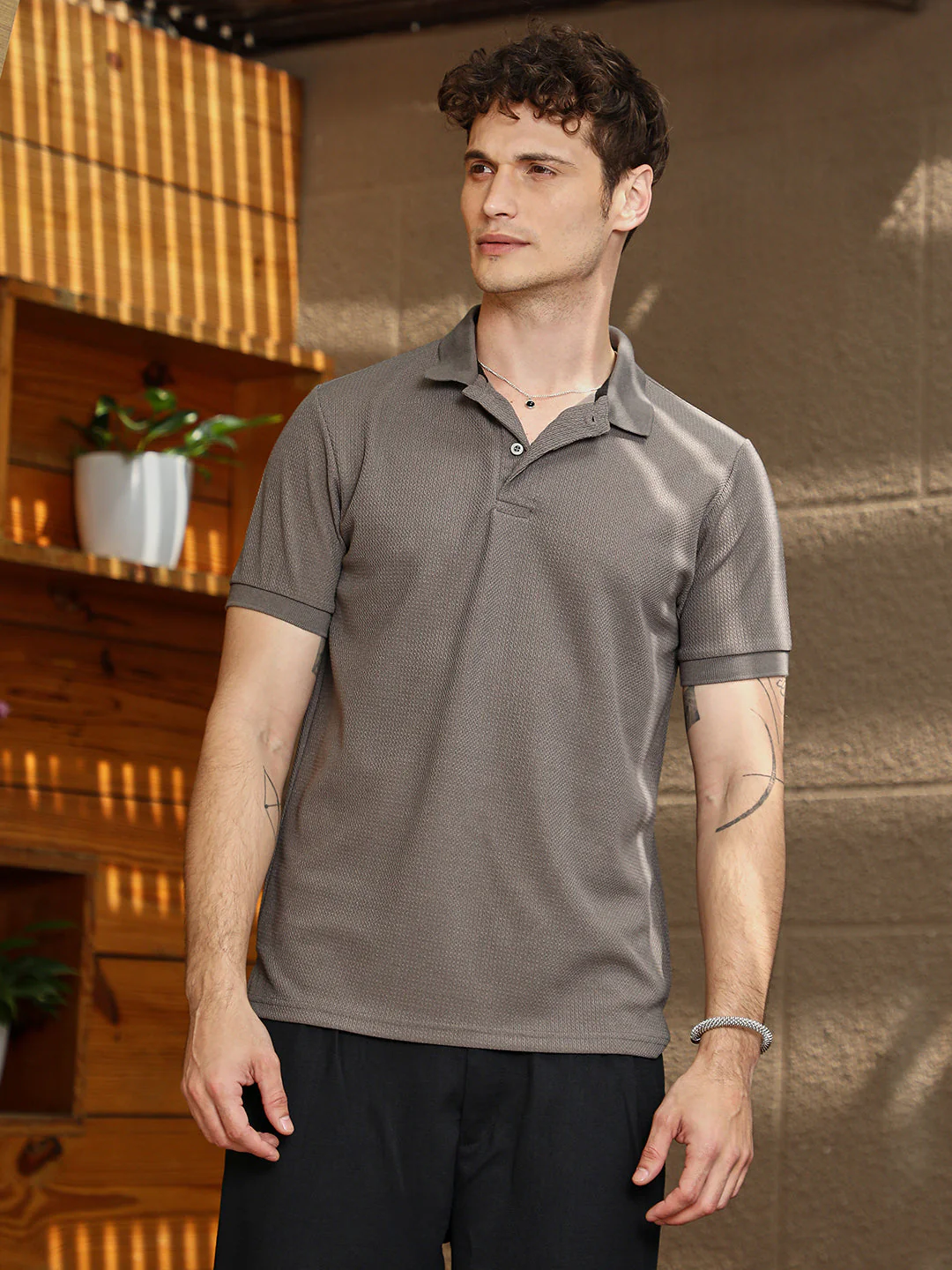 Chainlink-Ribbed Polo T-Shirt - Image 2