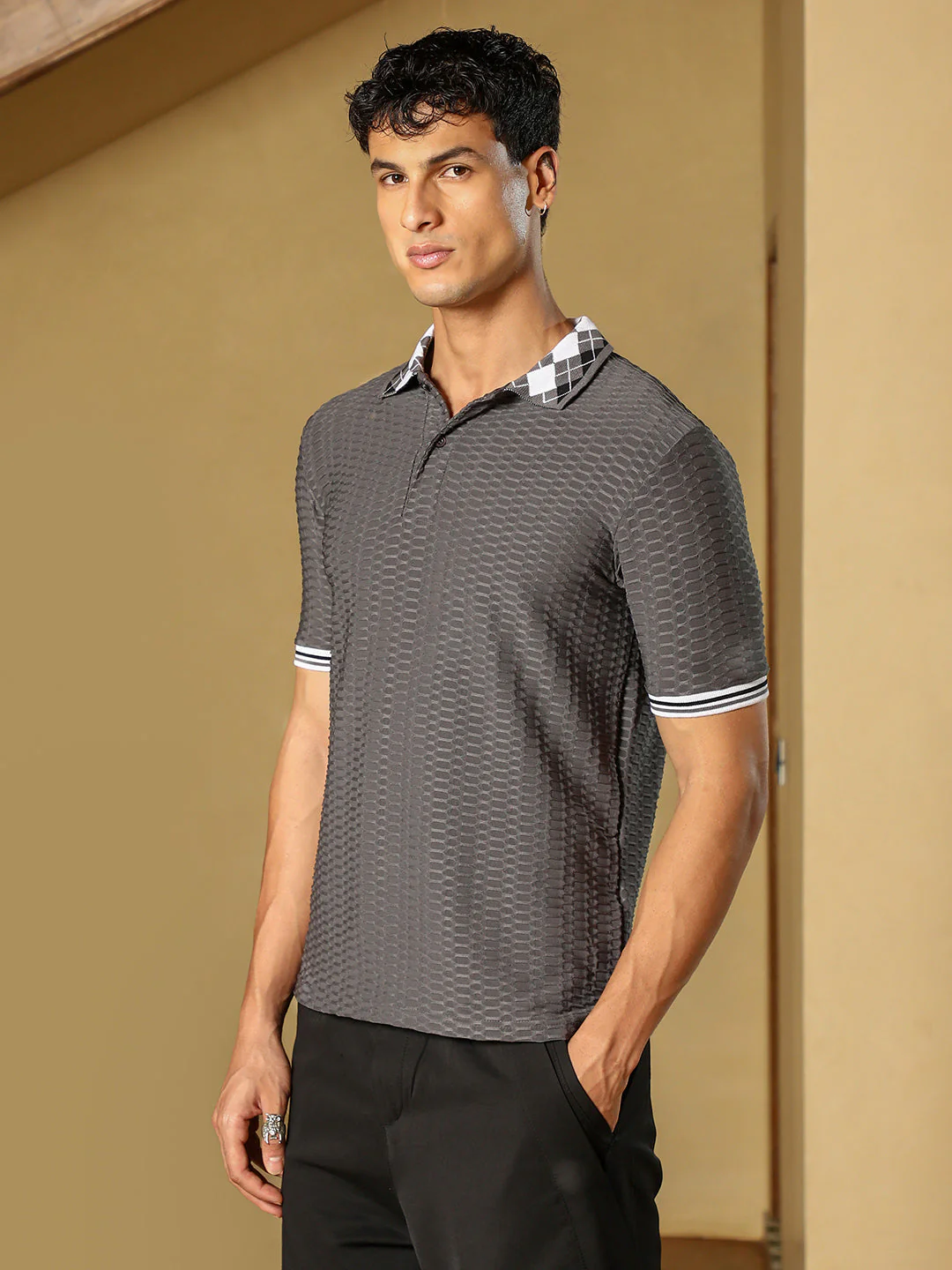 Hive Argyle-Knit Polo T-Shirt - Image 3