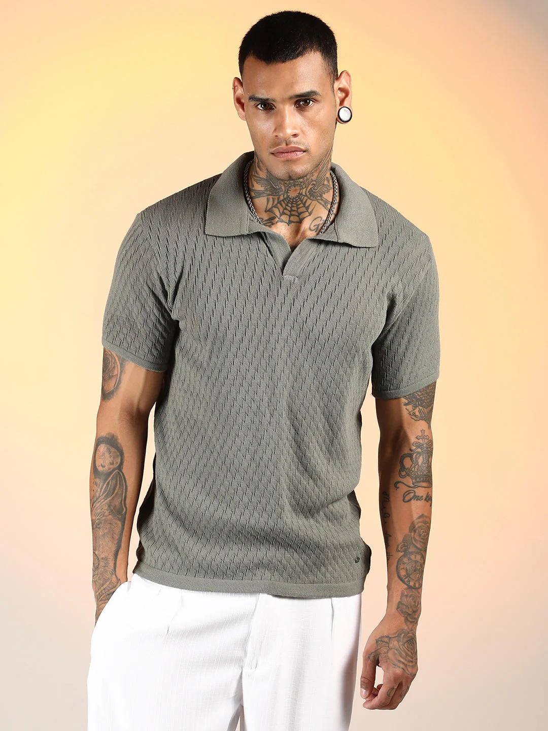 Rhombus-Knit Polo T-Shirt - Image 3