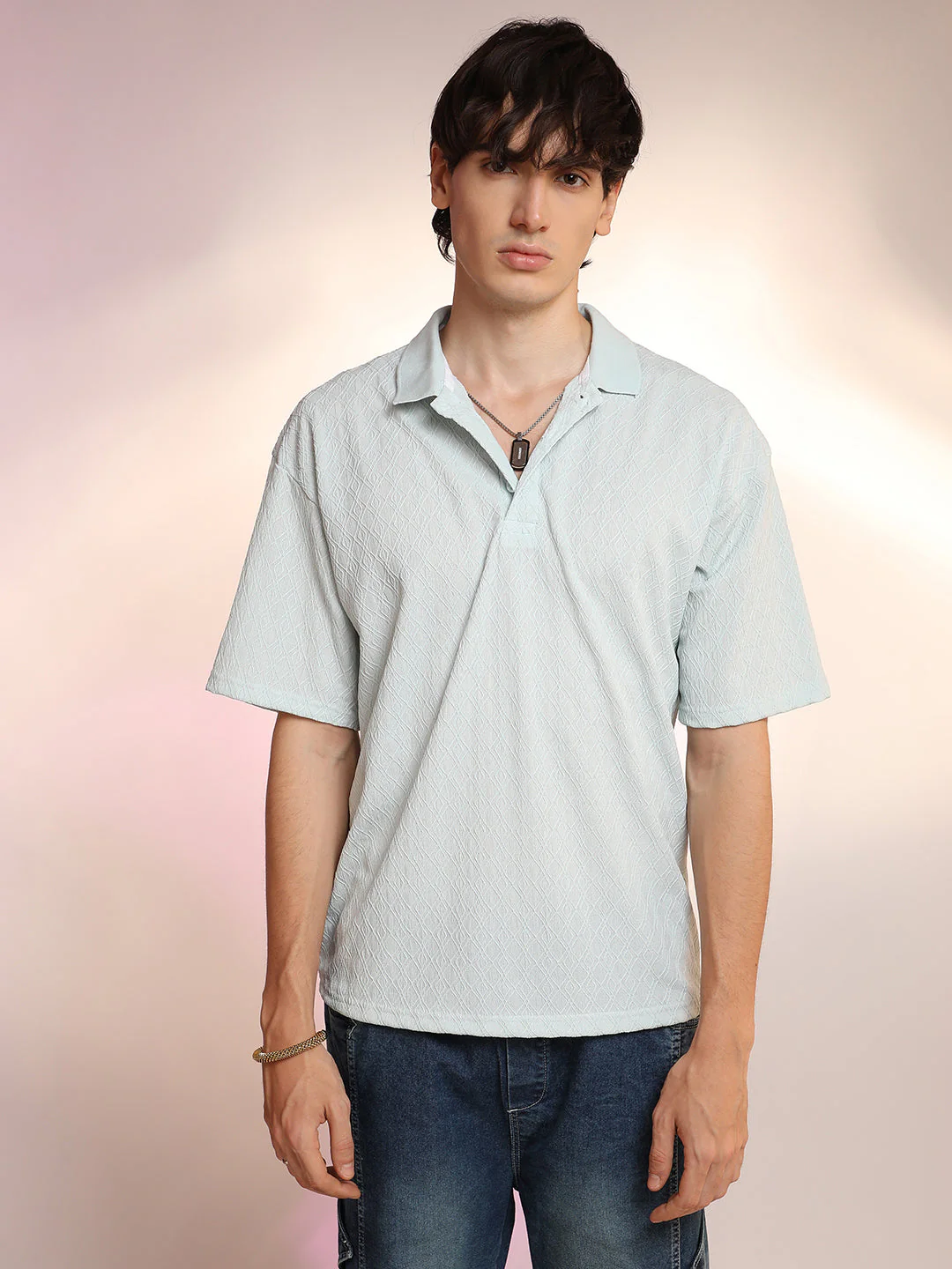 Rhombus-Textured Polo T-Shirt - Image 2