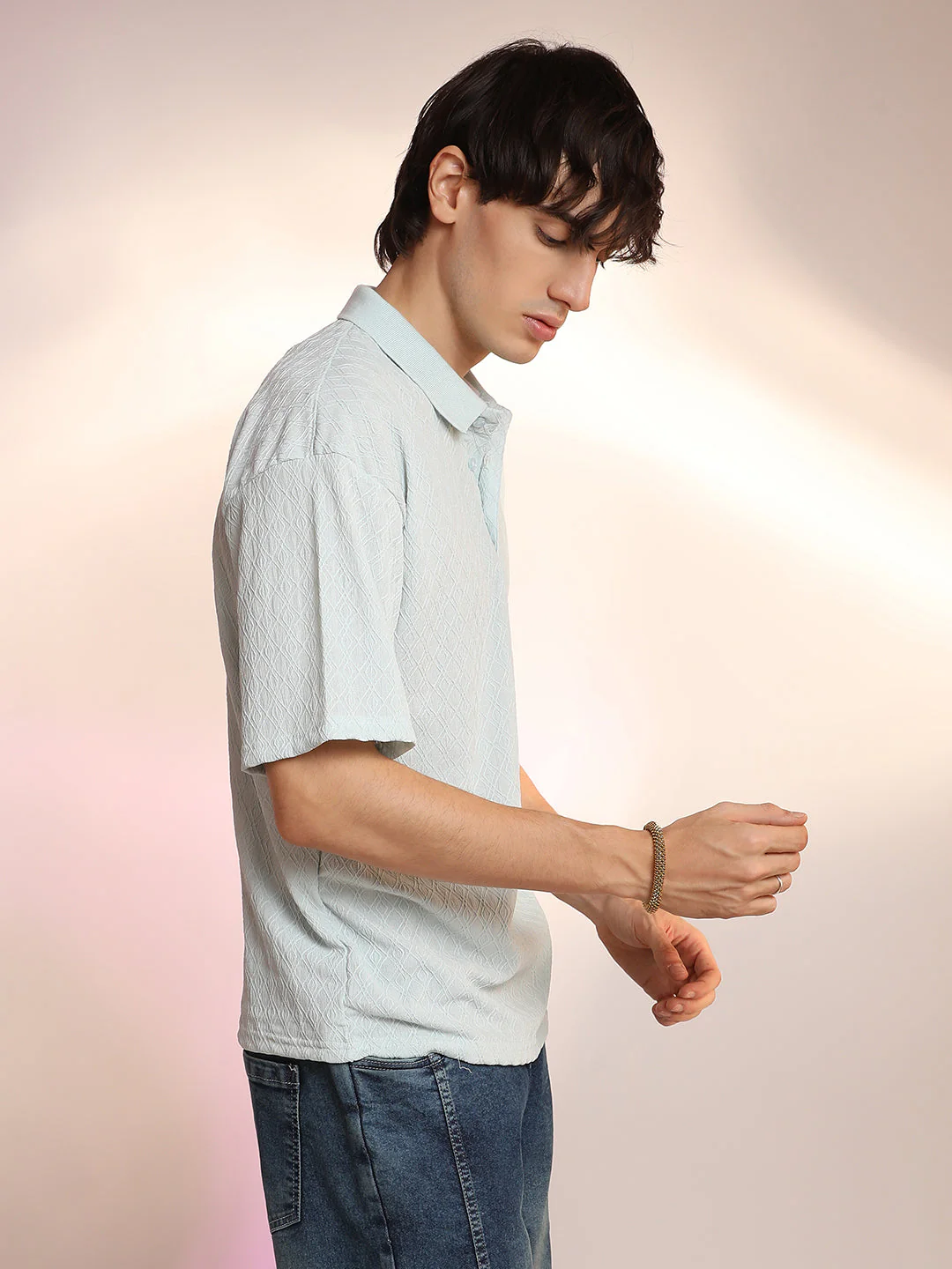 Rhombus-Textured Polo T-Shirt - Image 3