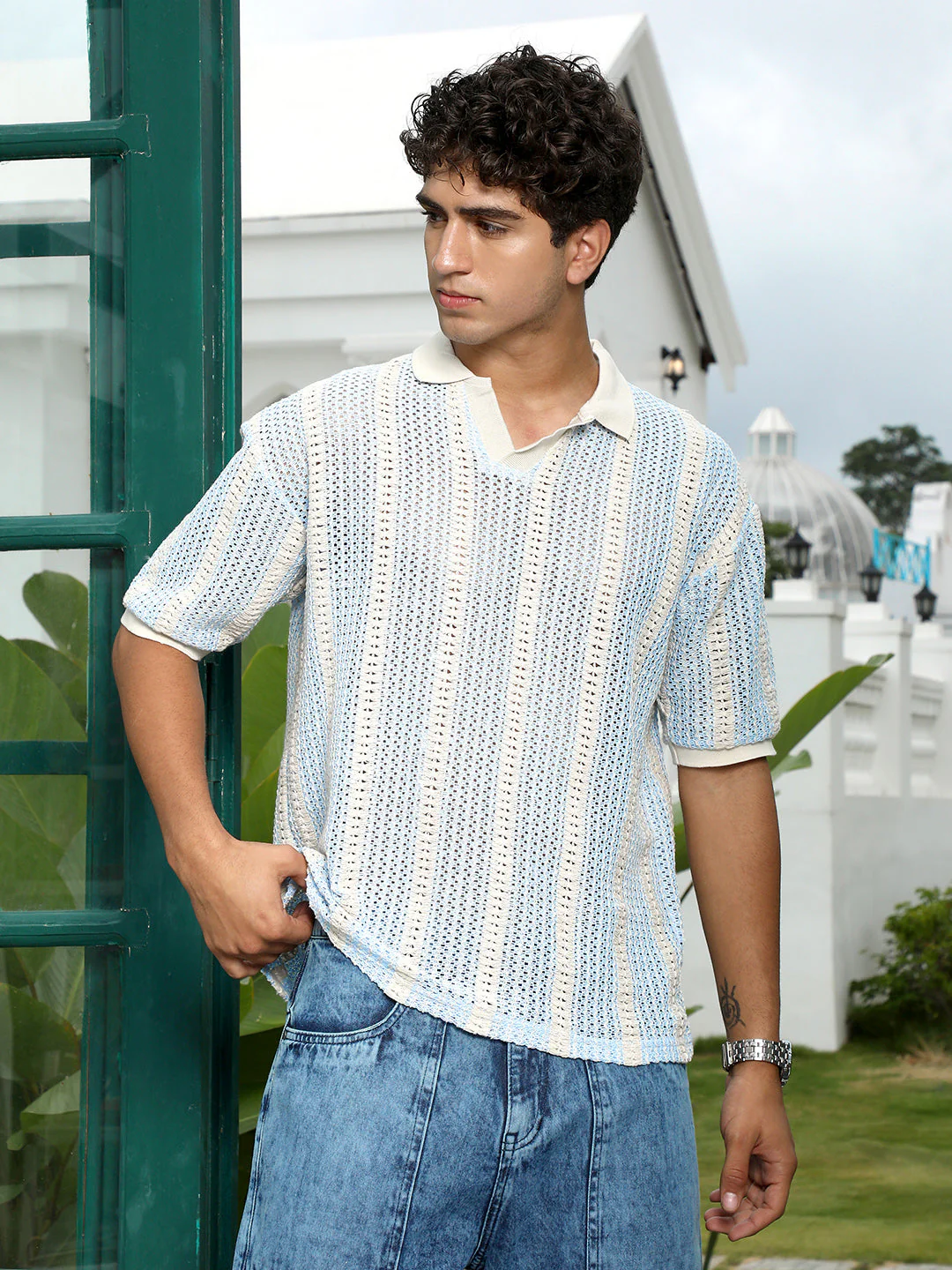 Striped Crochet Polo T-Shirt