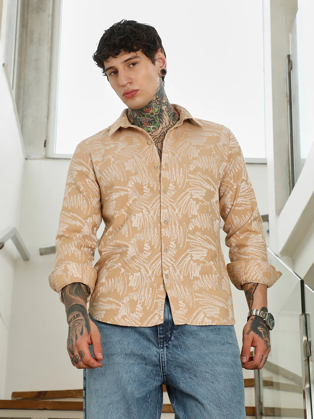 Beige Abstract Printed Full Sleeve Shirt - Image 2