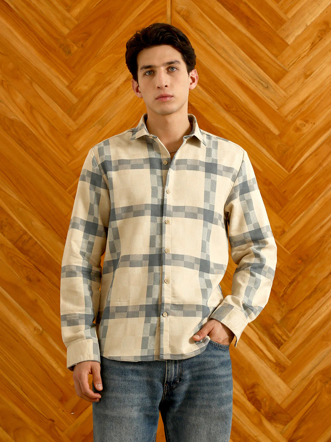 Beige And Blue Checkered Cotton Blend Full Sleeve Shirt - Image 2