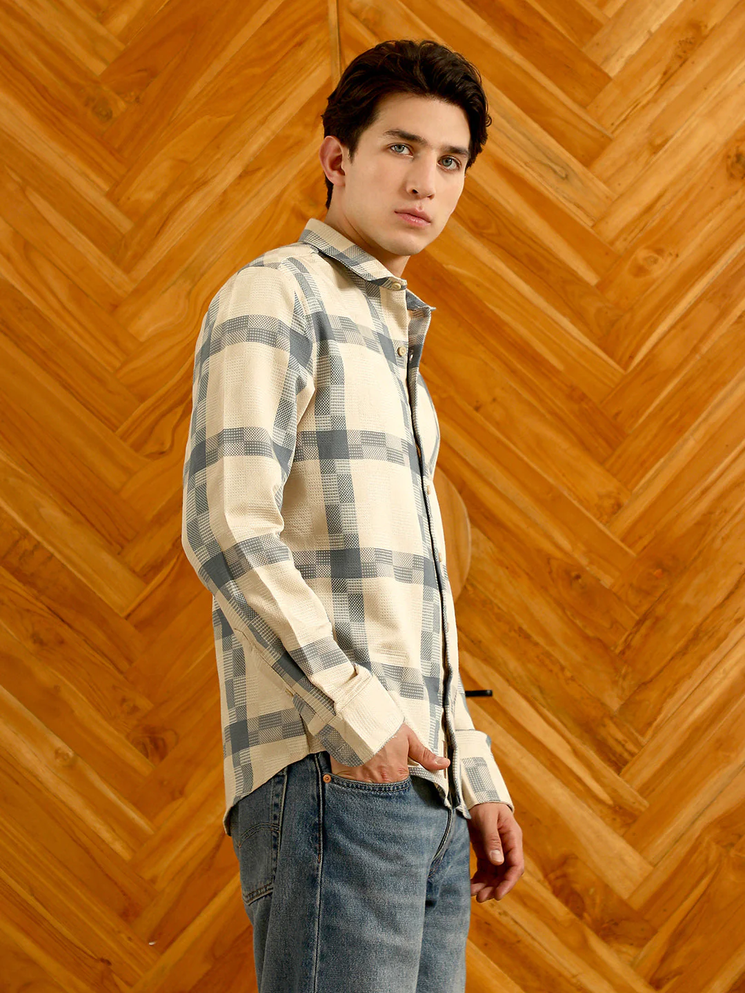 Beige And Blue Checkered Cotton Blend Full Sleeve Shirt - Image 3